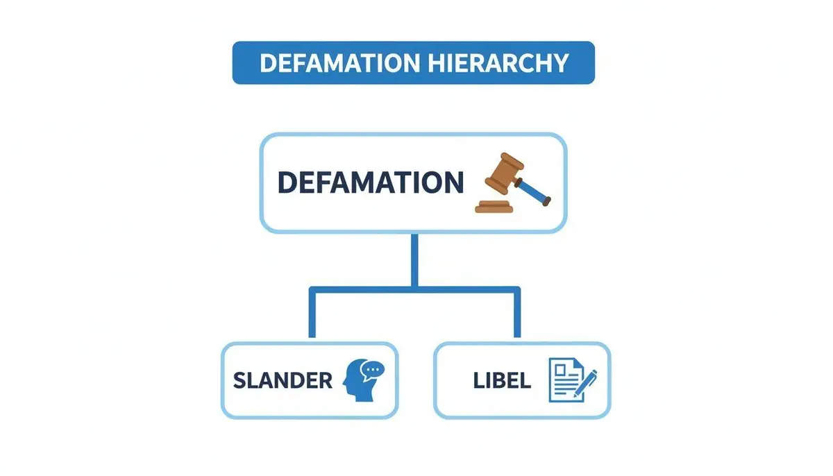 A hierarchy flowchart illustrating defamation, broken down into slander (spoken) and libel (written).