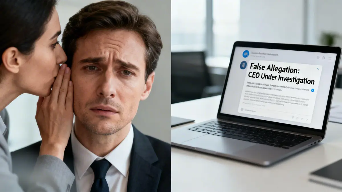 A woman whispers a secret to a worried man, while a laptop displays a headline about a false allegation.