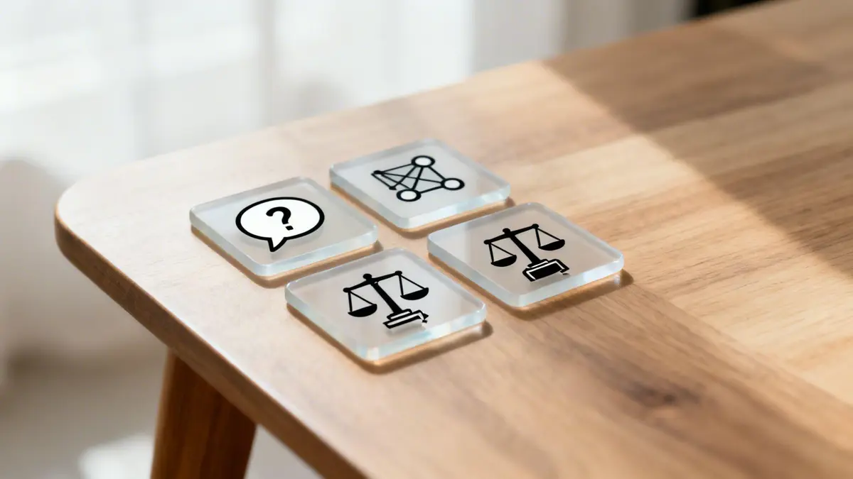 Four clear coasters on a wooden table, showing icons for question, network, and justice scales.