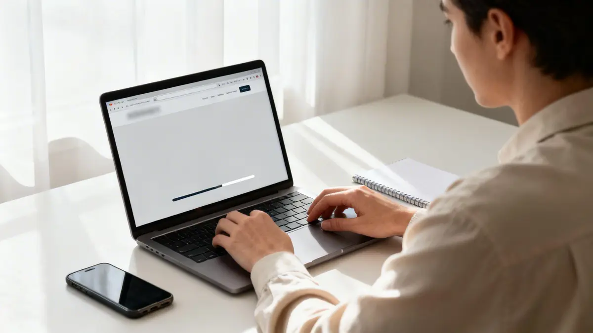 A person types on a laptop at a white desk with a phone and notebook, a loading bar visible on screen.