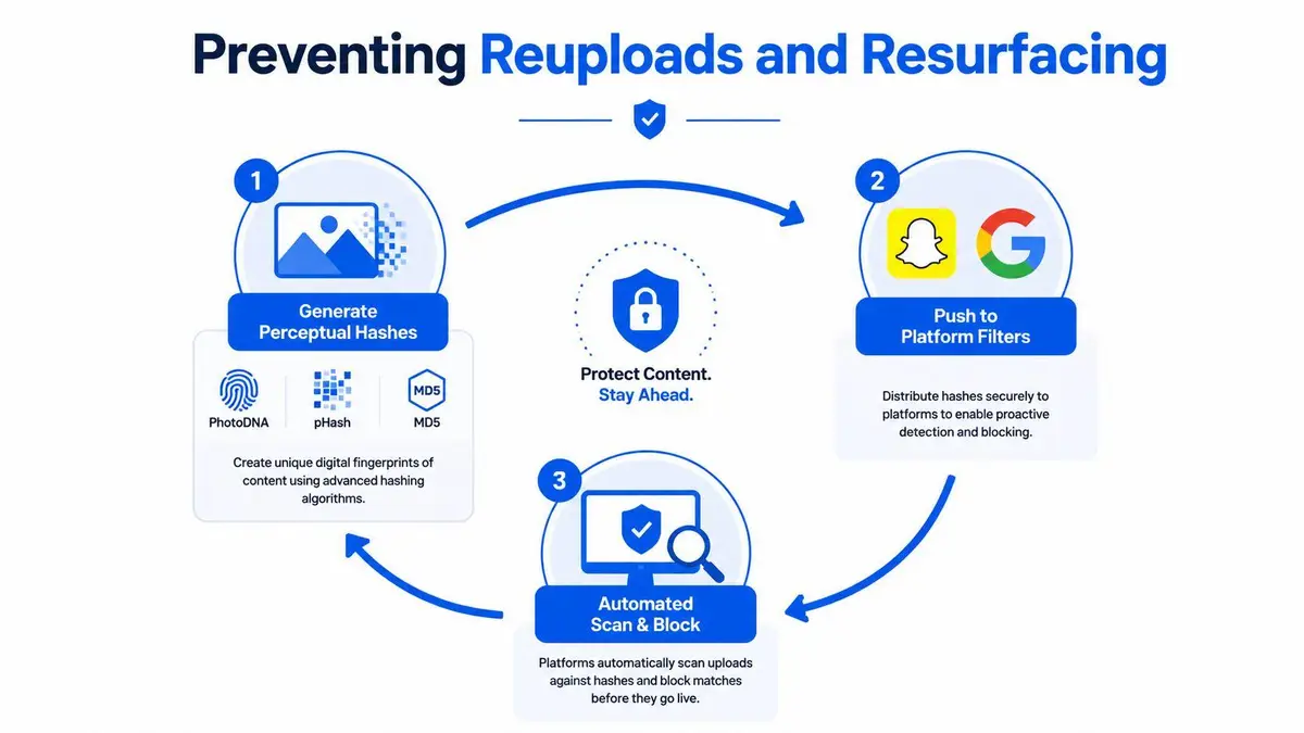 A diagram illustrating a three-step process for preventing illegal content reuploads using perceptual hashing and platform filters.