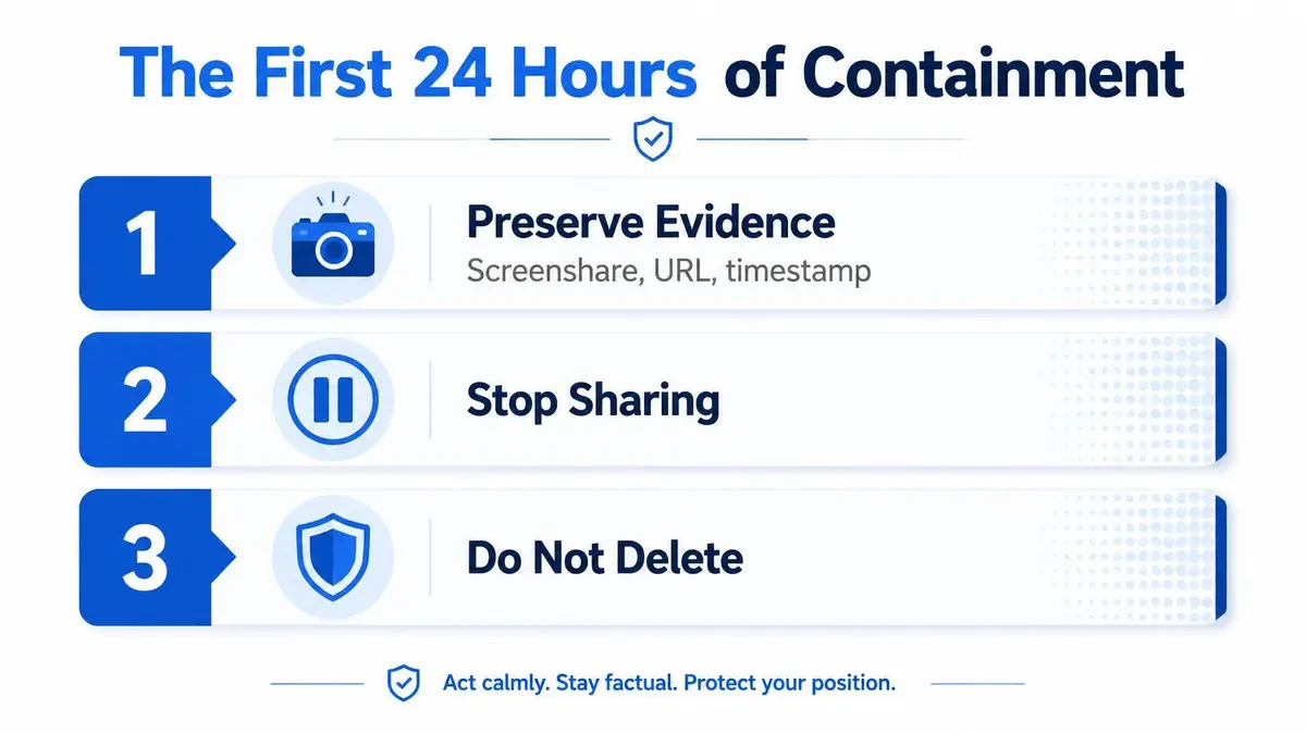 An infographic titled The First 24 Hours of Containment outlines three essential steps for handling digital incidents.