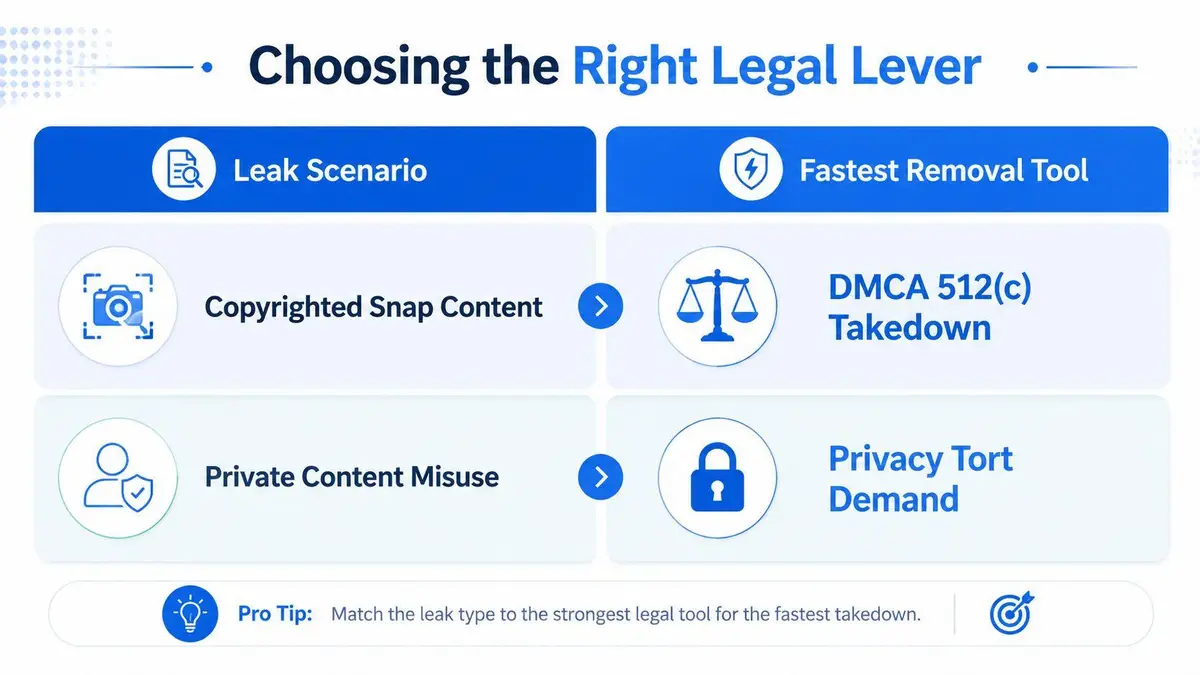 A chart showing legal tools for removing leaked content: DMCA for copyrighted snapshots and Privacy Tort for misuse.