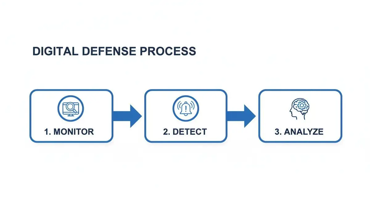 A digital defense process flowchart with three steps: monitor, detect, and analyze, using icons.