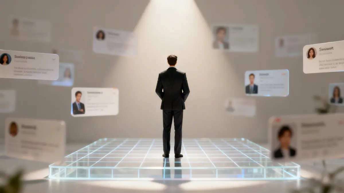 Businessman on a glowing grid platform evaluating multiple floating digital professional profiles.
