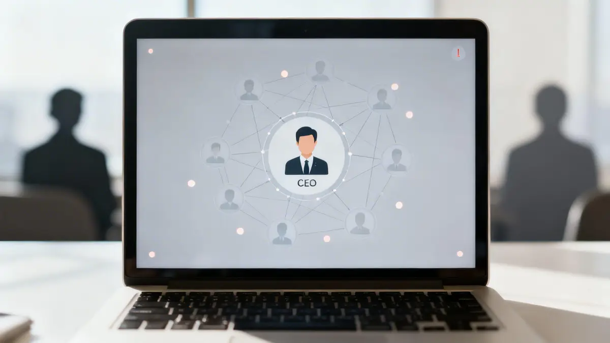 A laptop screen displays a corporate organizational chart with a CEO at the center, surrounded by interconnected employee icons.