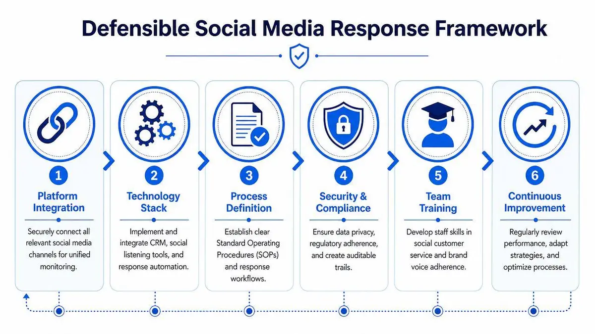 A six-step diagram illustrating a defensible social media response framework for organizations to improve customer engagement.