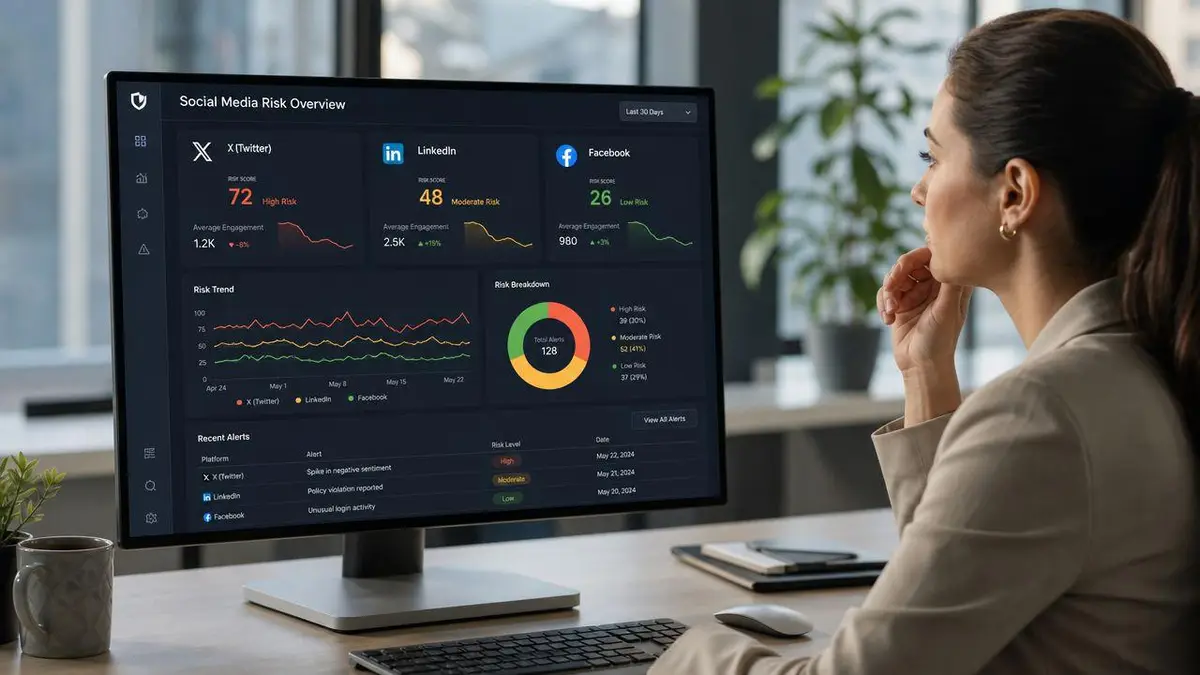 A professional woman viewing a social media risk management dashboard on a computer screen in an office.