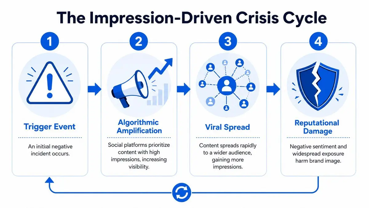 A diagram illustrating the four steps of the impression-driven crisis cycle on social media platforms.
