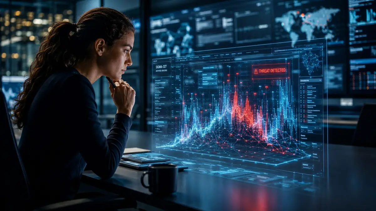 A professional analyst observes a glowing digital security interface displaying a threat detected in a dark office.