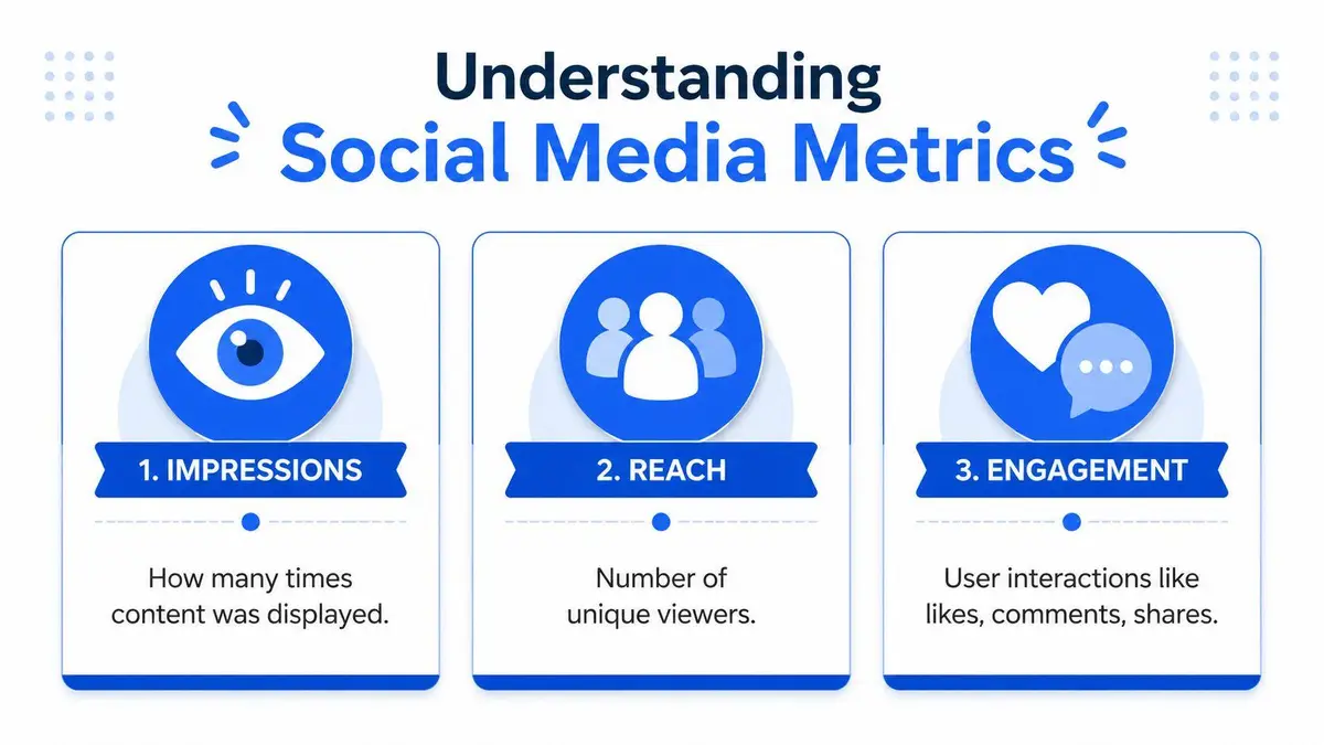 An infographic explaining social media metrics including impressions, reach, and engagement with simple blue icons.