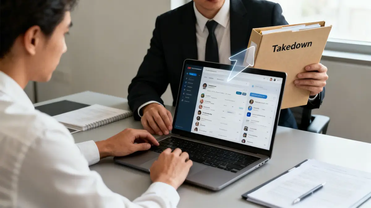 Business professionals discuss online content removal, using a laptop and 'Takedown' folder.