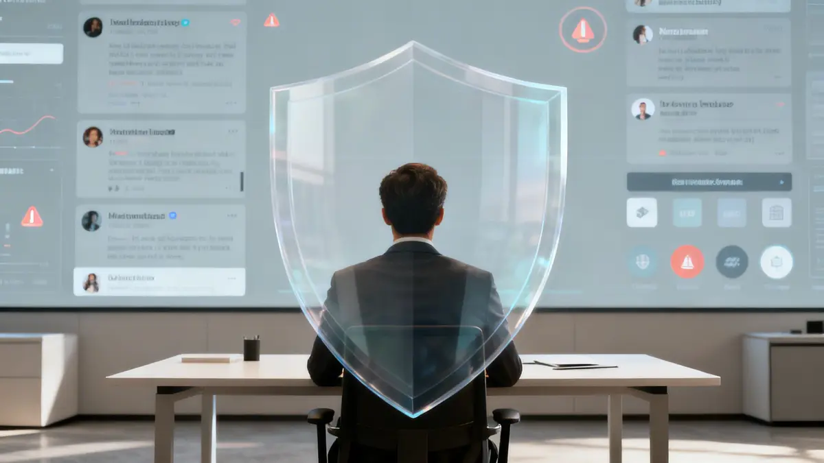 Man in suit views social media feeds on large screen, protected by glowing cyber shield.