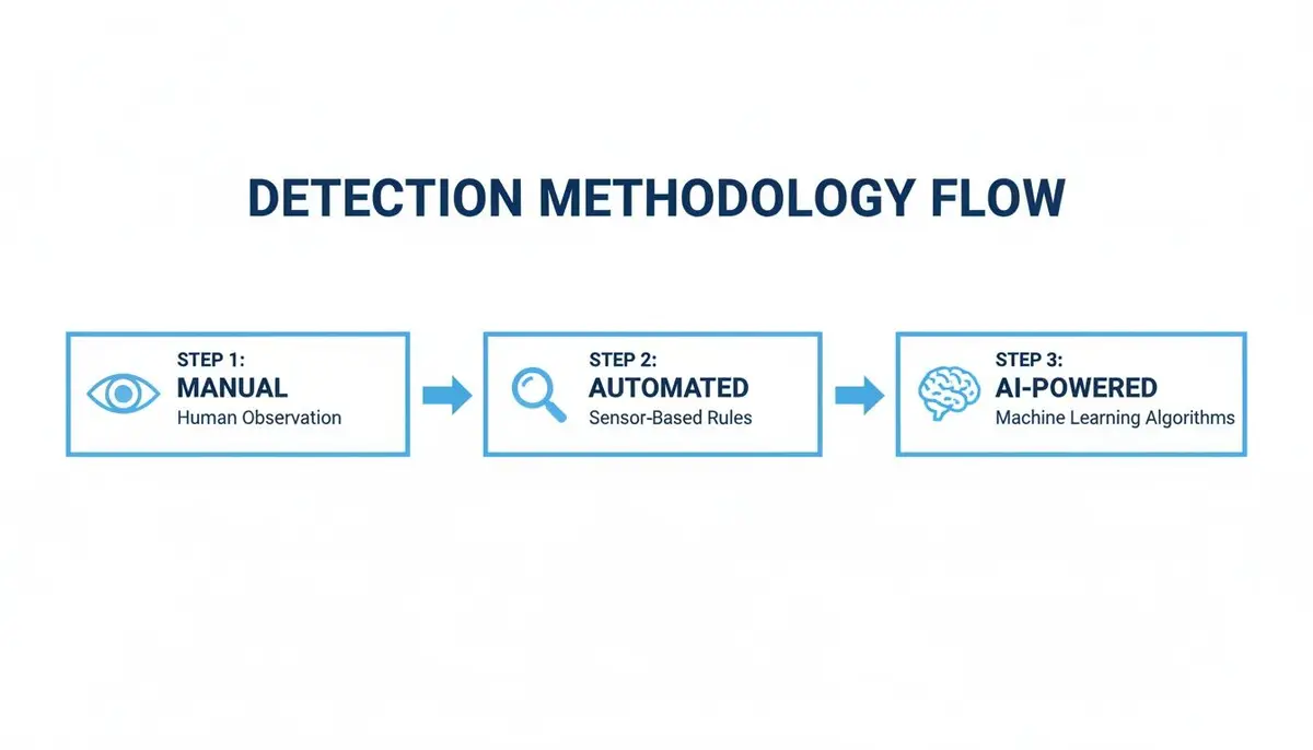 Detection methodology flow progressing from manual human observation to automated sensor rules and AI.