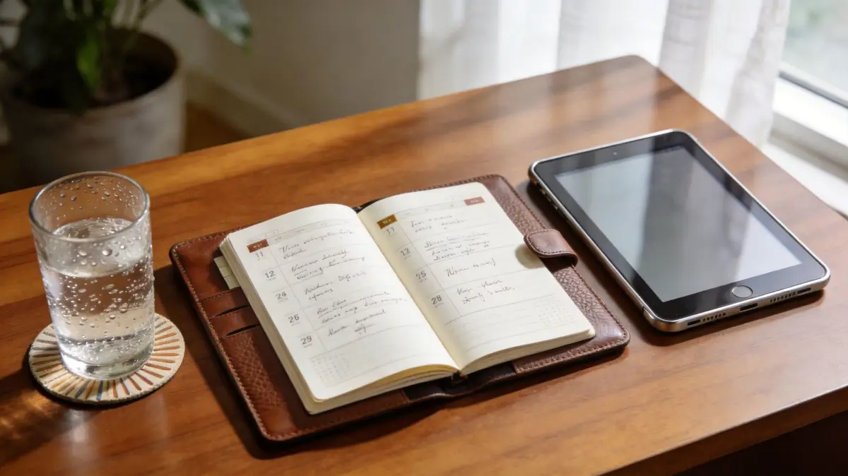 A leather planner, a glass of water, and a digital tablet resting on a wooden desk.