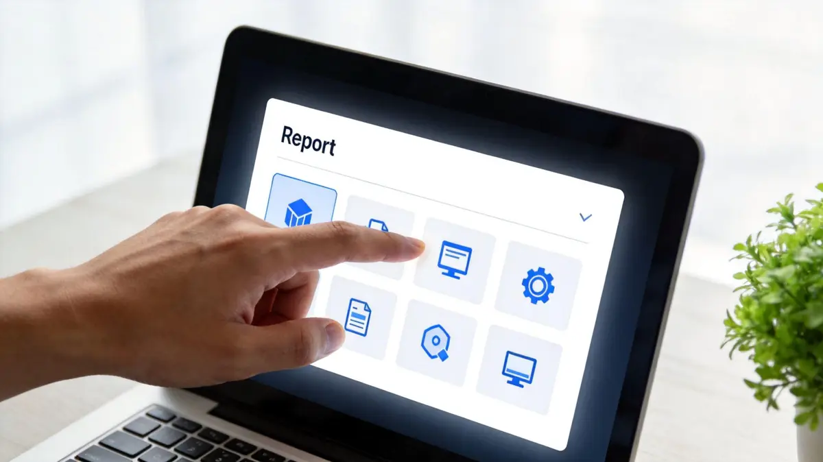 A person pointing at a report icon on a laptop screen with a modern interface.