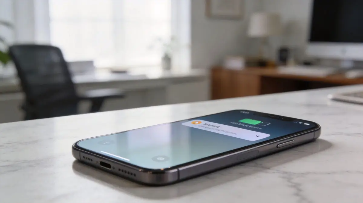 A smartphone resting on a marble desk showing a low battery charging notification on its screen.