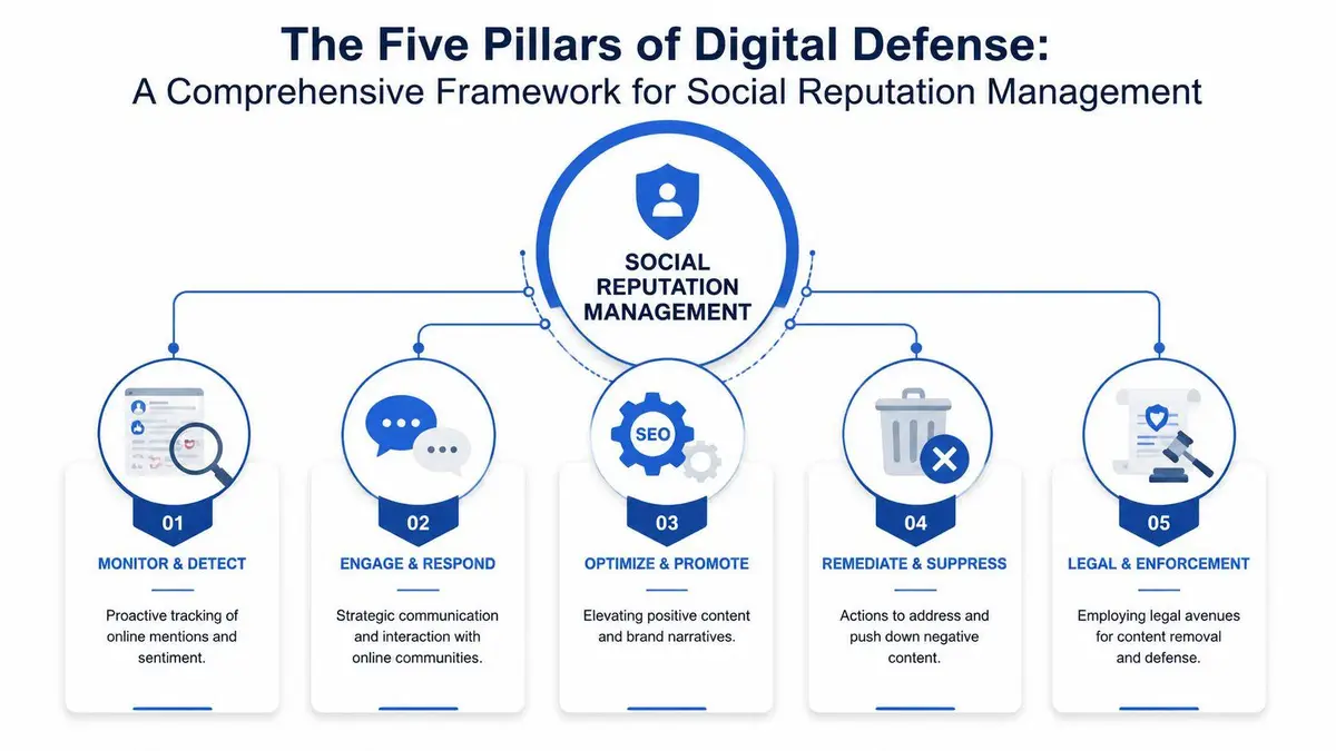 A diagram illustrating the five pillars of digital defense for effective social reputation management strategies.