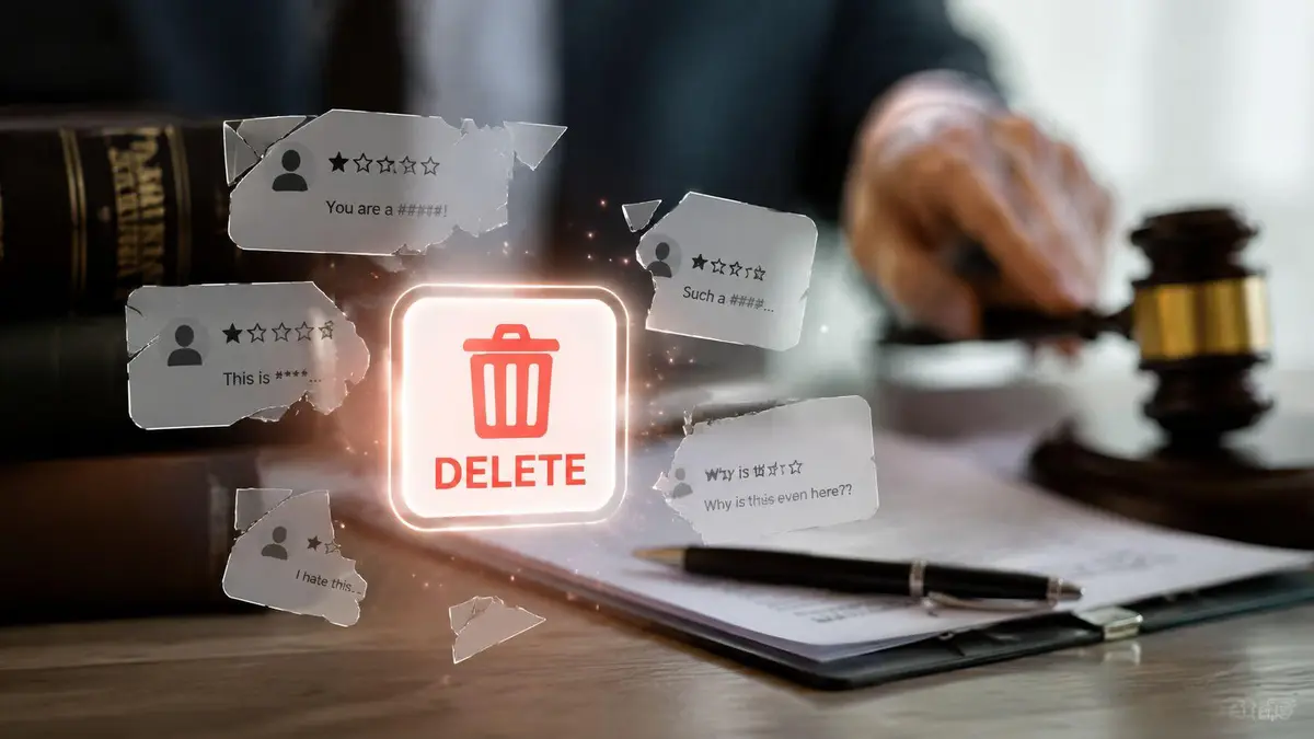 A legal gavel and legal books beside a digital interface showing negative online reviews being deleted.