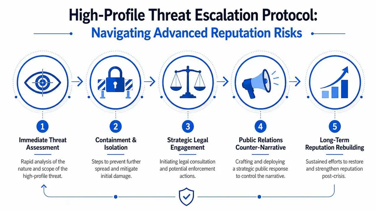 A five-step flowchart illustrating a high-profile threat escalation protocol for effective reputation management and crisis response.