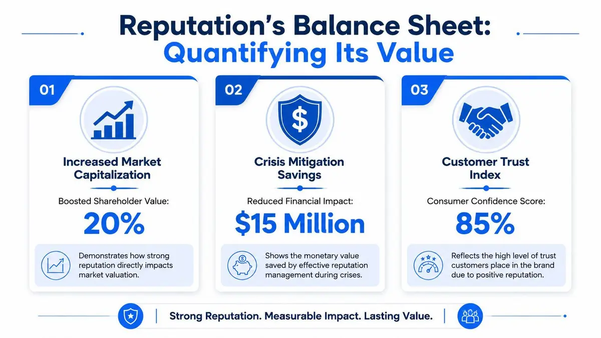 An infographic titled Reputation's Balance Sheet highlighting three key metrics for measuring organizational brand reputation value.