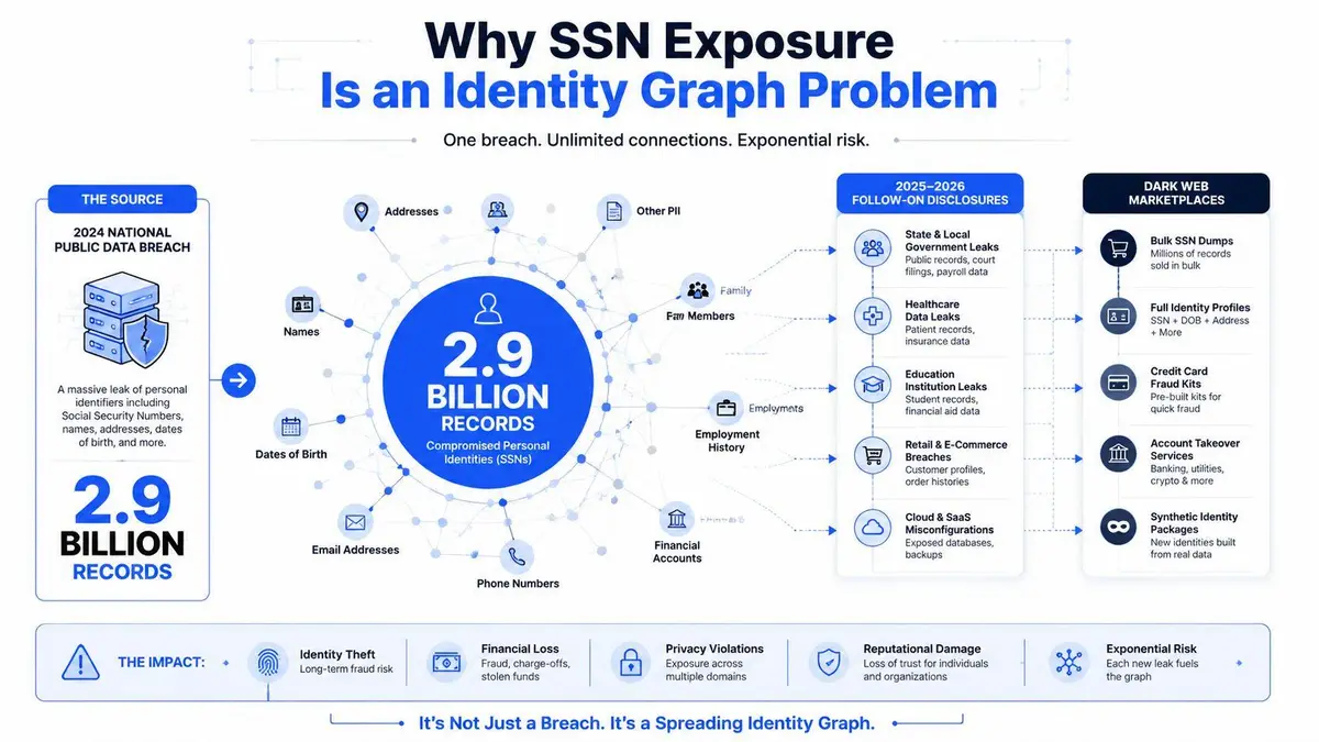 An infographic visualizing how a massive social security number leak creates an interconnected identity graph of risk.