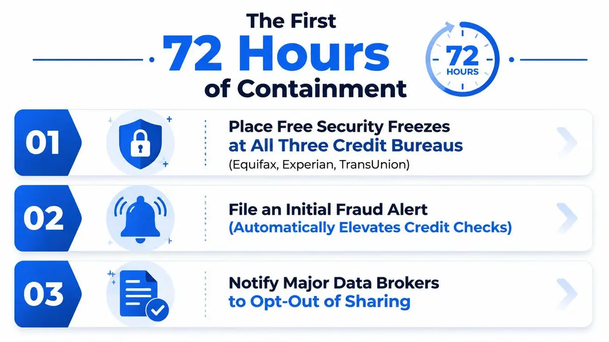 An infographic titled The First 72 Hours of Containment showing three steps to secure identity after a data breach.