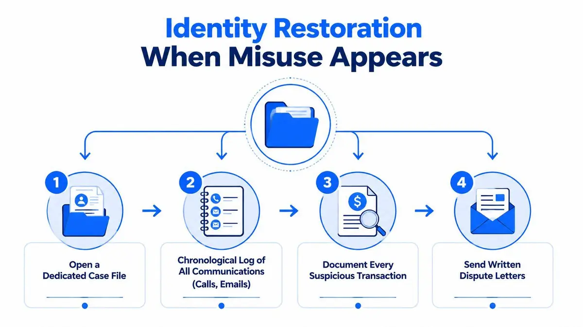 A four-step infographic illustrating the process of identity restoration when misuse of personal information appears.