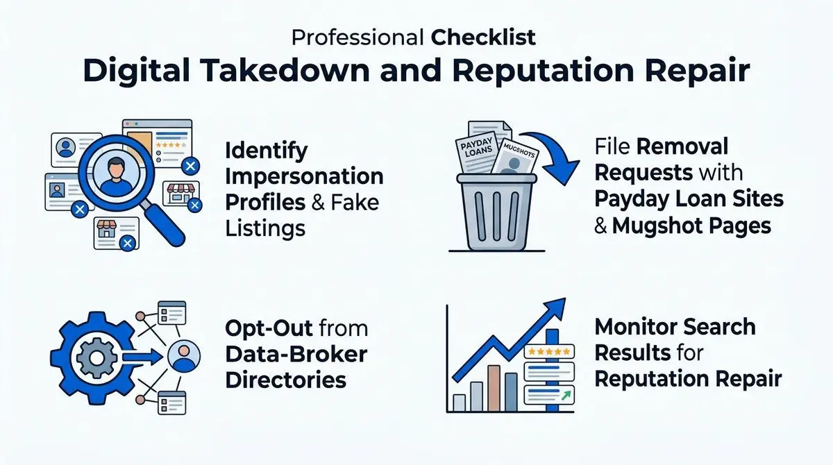 A professional checklist infographic detailing digital takedown and online reputation repair strategies for personal security.