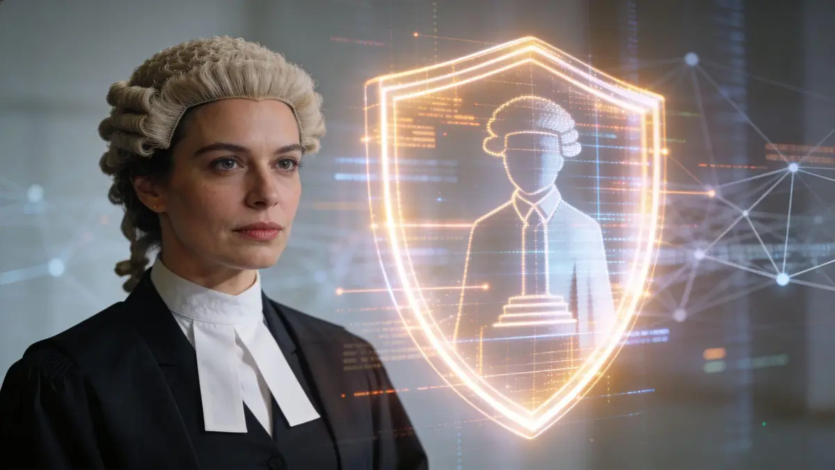 A female barrister wearing a traditional wig and robe looking at a digital hologram of a shield.