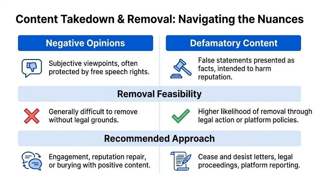 A comparison chart outlining differences between handling negative opinions and defamatory content in online reputation management.