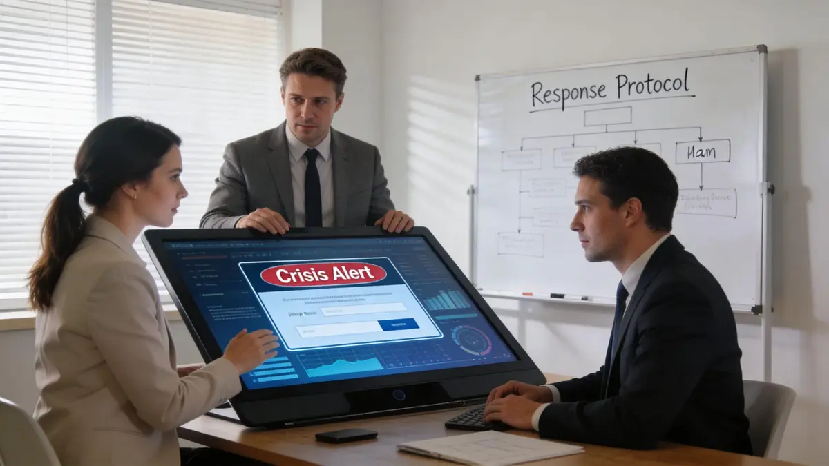 A team of professional lawyers reviewing a digital crisis alert on a touchscreen at a meeting.