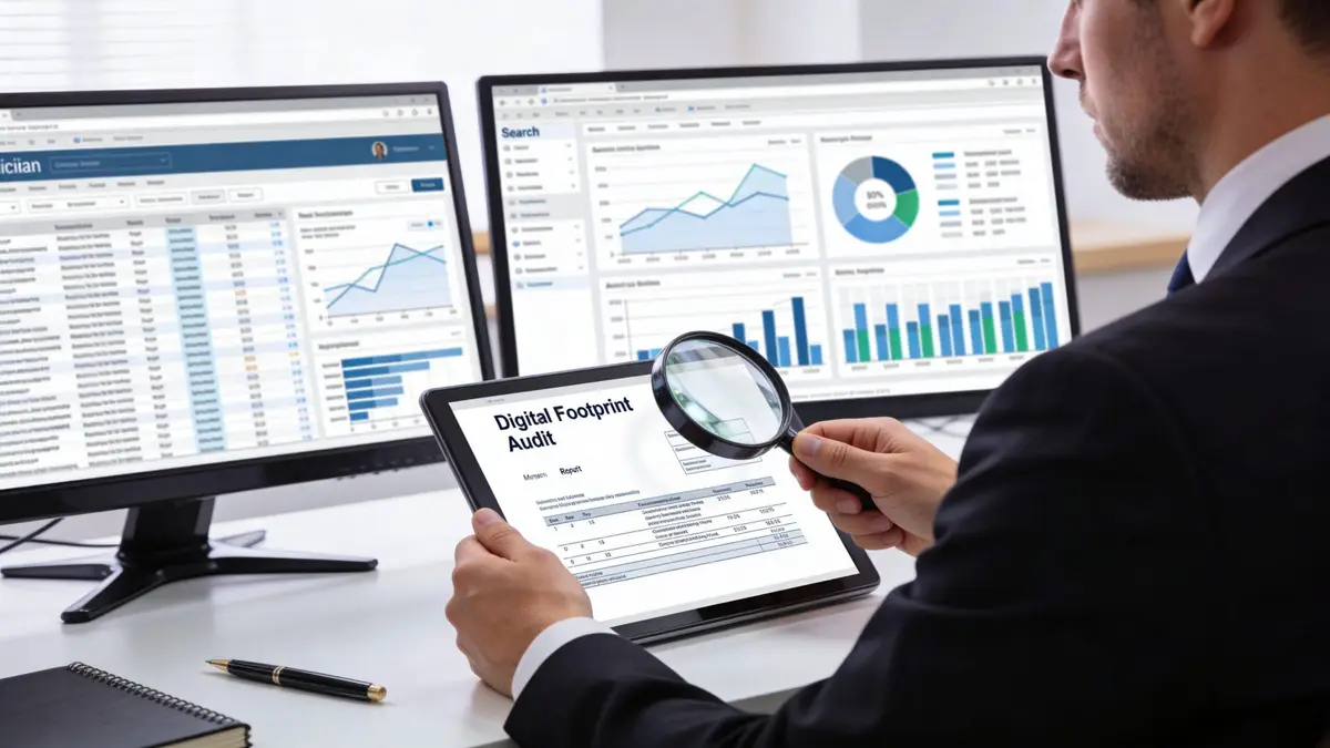 A professional in a suit using a magnifying glass to review a digital footprint audit report.
