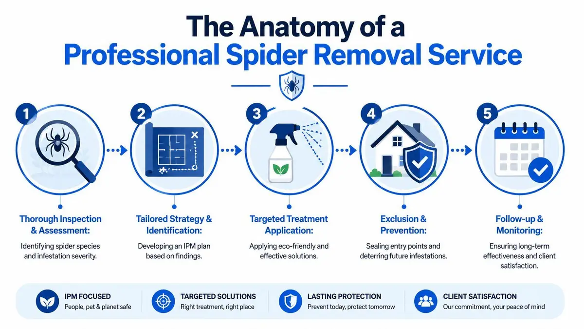 A professional five-step spider removal service process infographic showing inspection, tailored strategy, treatment, prevention, and follow-up.