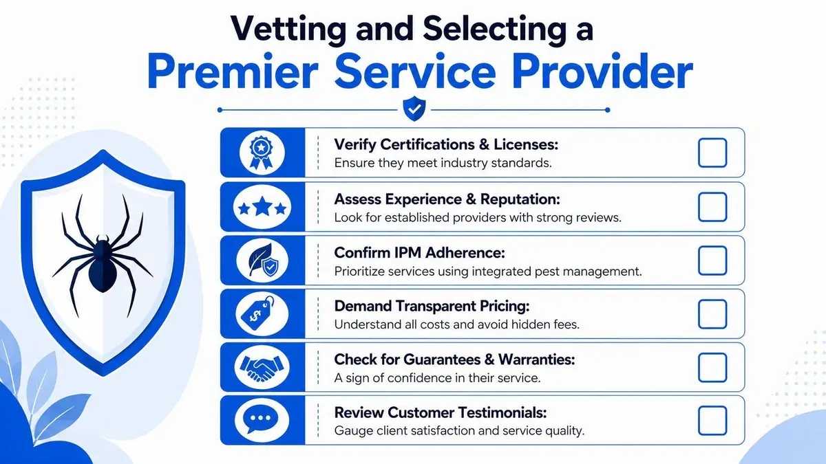 A checklist infographic titled Vetting and Selecting a Premier Service Provider for pest control and spider removal.