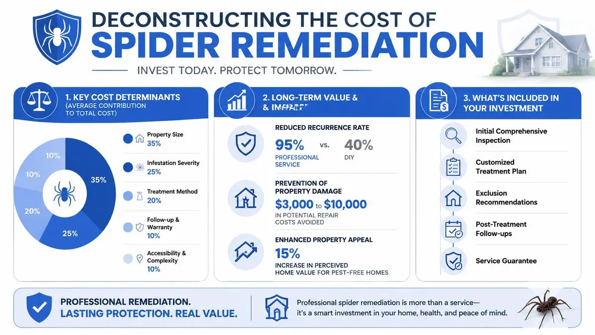 An infographic detailing the factors influencing spider removal service costs and the benefits of professional pest remediation.