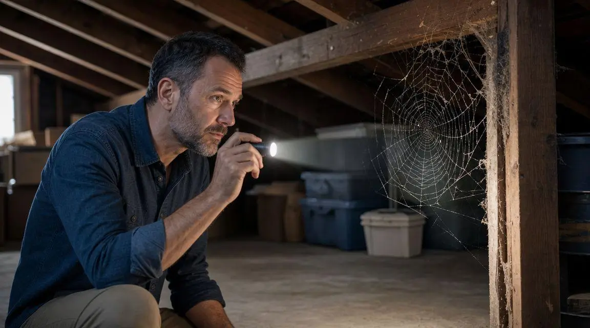 A man using a flashlight to inspect a large spider web in a dark attic.