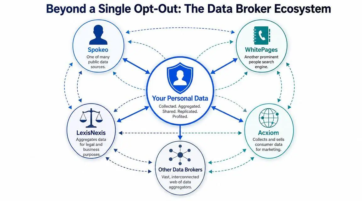 A diagram illustrating how personal data is collected and shared across various interconnected data broker platforms.