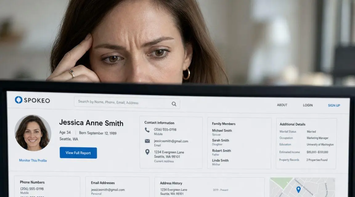 A concerned woman looks at a Spokeo profile displaying personal information on a computer screen.