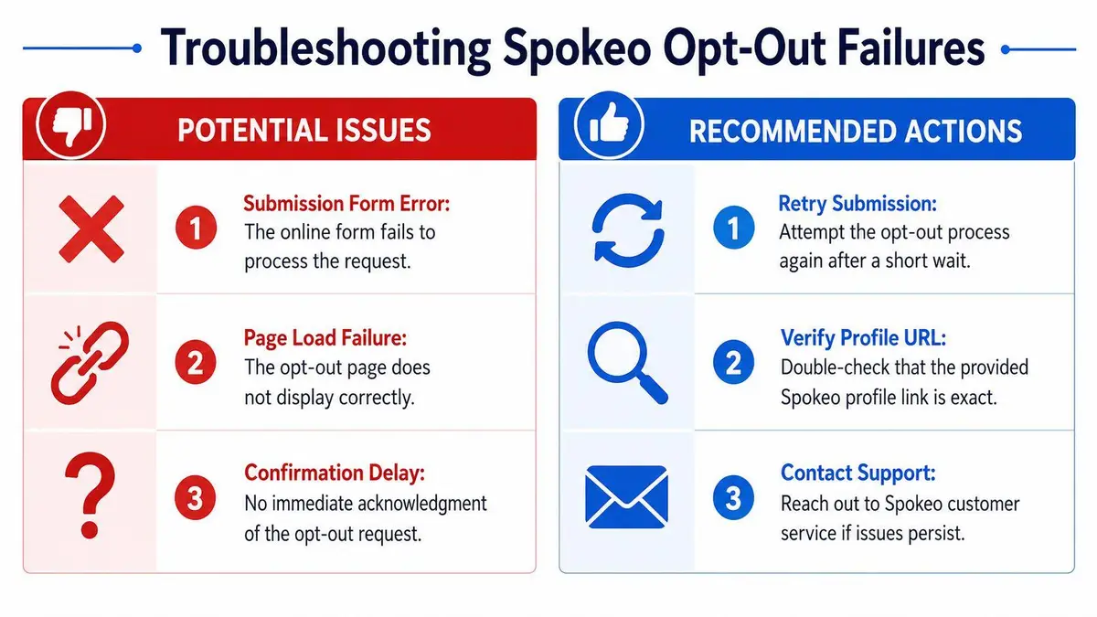 A troubleshooting guide infographic for Spokeo opt-out failures, listing common issues and corresponding recommended solutions.
