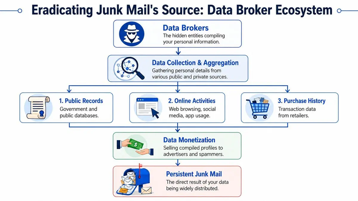 A flowchart explaining how data brokers collect personal information to fuel the persistent junk mail ecosystem.