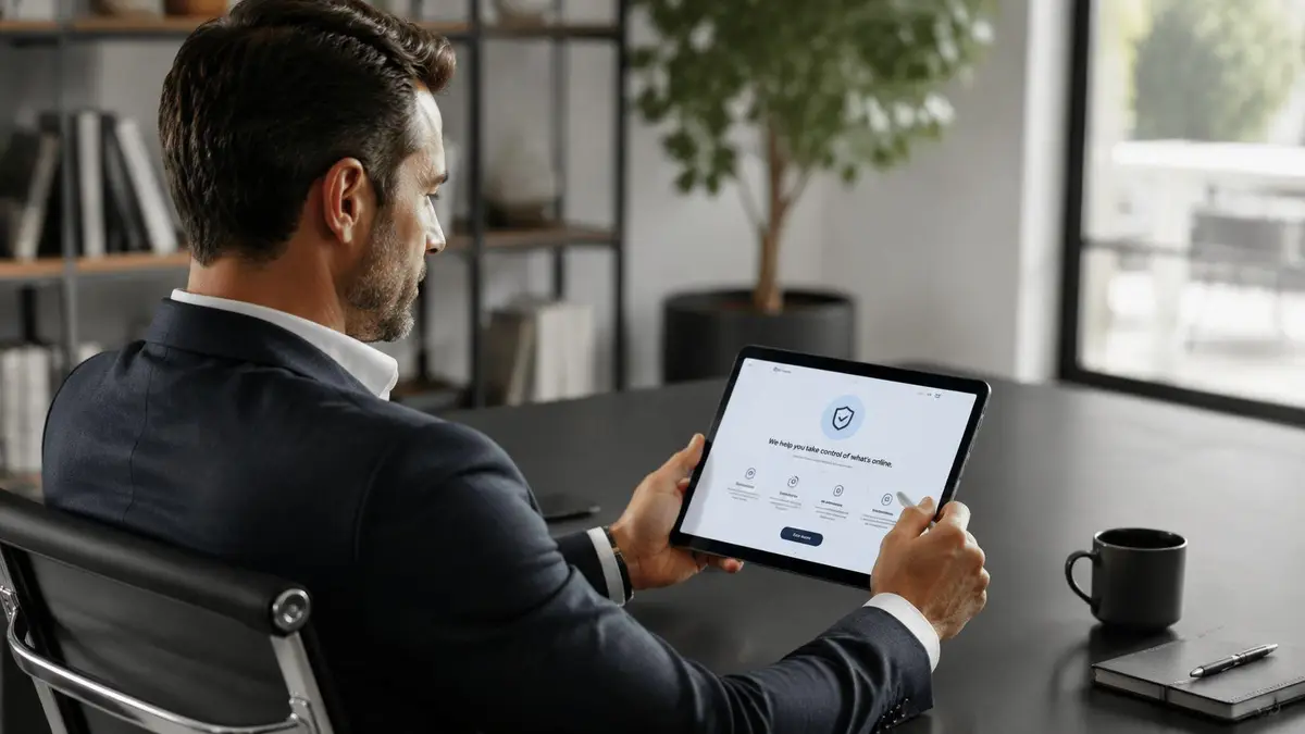 A professional man sitting at a desk while viewing digital security features on a tablet screen.