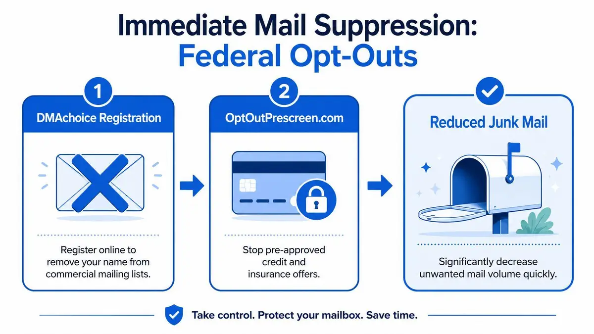 A three-step infographic showing how to stop junk mail using DMAChoice, OptOutPrescreen, and mailbox reduction methods.