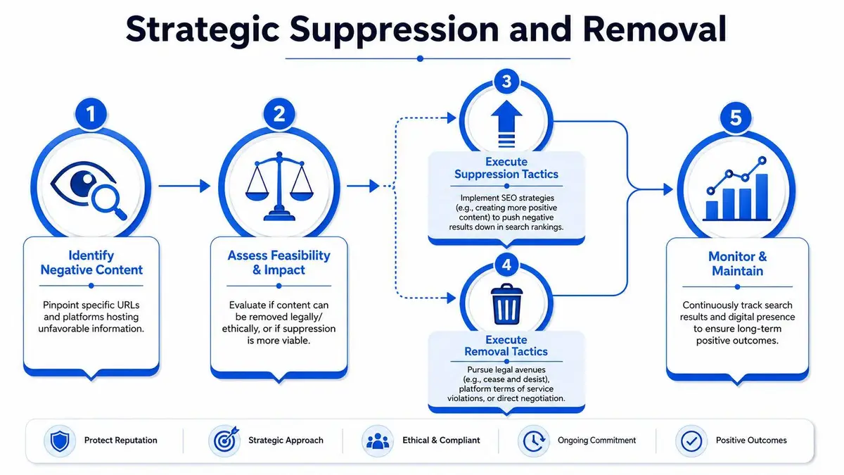 A five-step infographic showing a strategic process for digital reputation management through content suppression and removal.