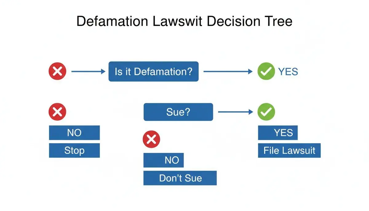 A flowchart titled 'Defamation Lawsuit Decision Tree' outlining steps to decide whether to file a lawsuit.