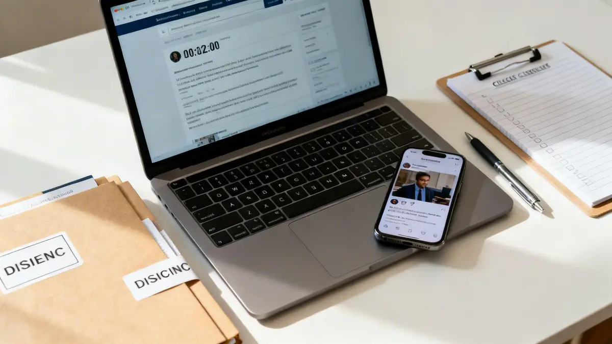 An organized workspace with a laptop, smartphone, documents, and a checklist, ready for work.