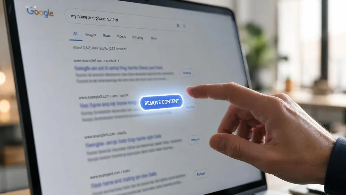 A hand interacting with a digital interface to remove personal contact information from Google search results on a laptop.