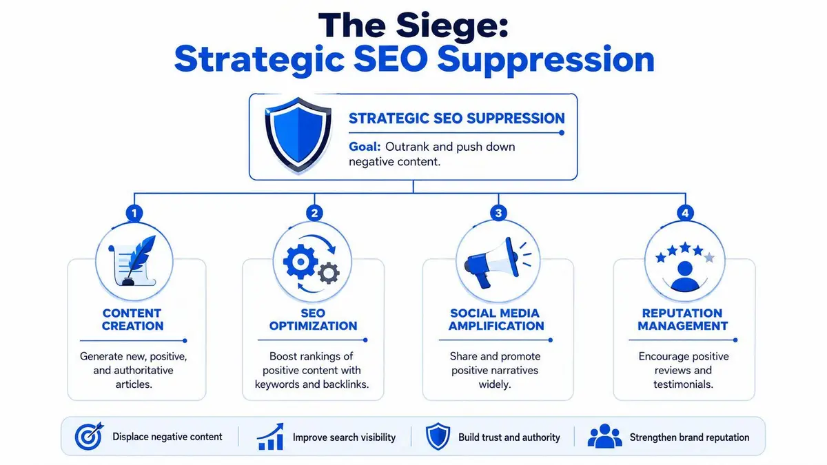 A diagram outlining strategic SEO suppression methods, including content creation, optimization, social media amplification, and reputation management.