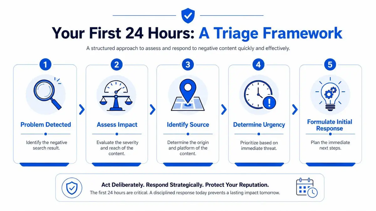 A five-step triage framework infographic titled Your First 24 Hours to manage negative online search results.