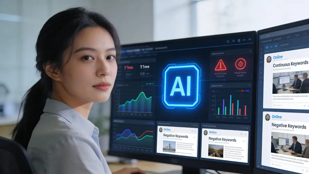 A professional woman monitoring AI-driven data dashboards to identify and suppress negative brand content in an office.